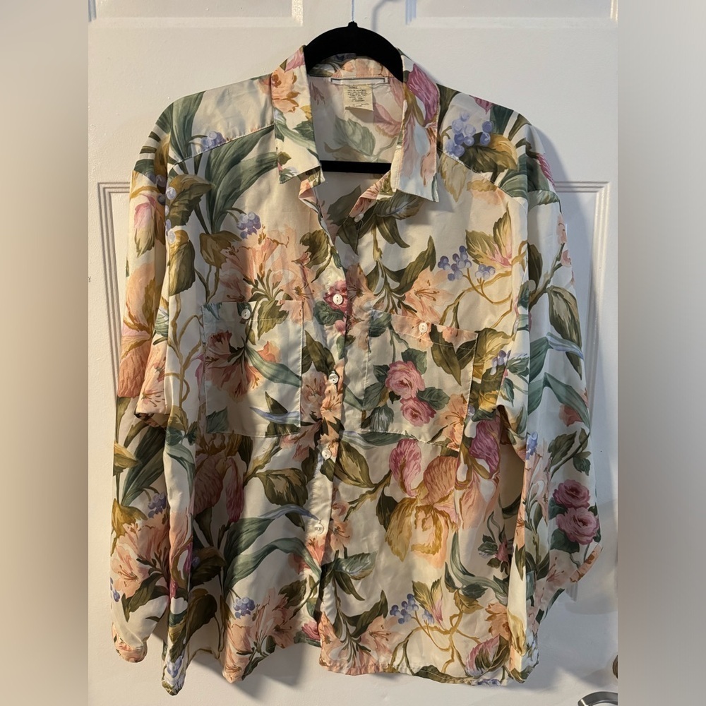 1970’s Floral Button-Up Collared Flower Neutral Blouse 18W Granny Cottagecore